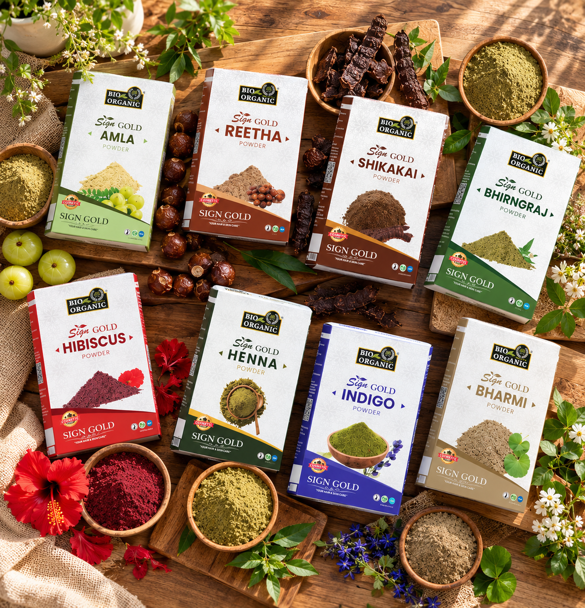 Amla, Reetha, Shikakai, Bhringraj, Hibiscus, Henna, Indigo & Brahmi Powder